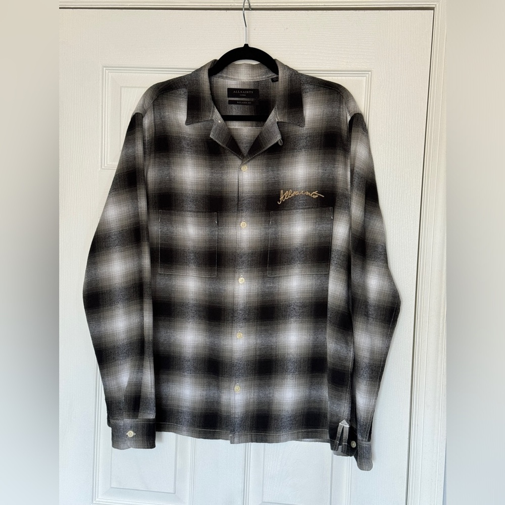 Allsaints Emptyville Long Sleeve Plaid Shirt - Blk/ Wht - Size Large